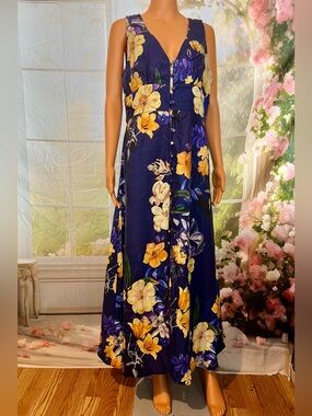 Ochie Floral  Button-Front Navy Maxi Dress